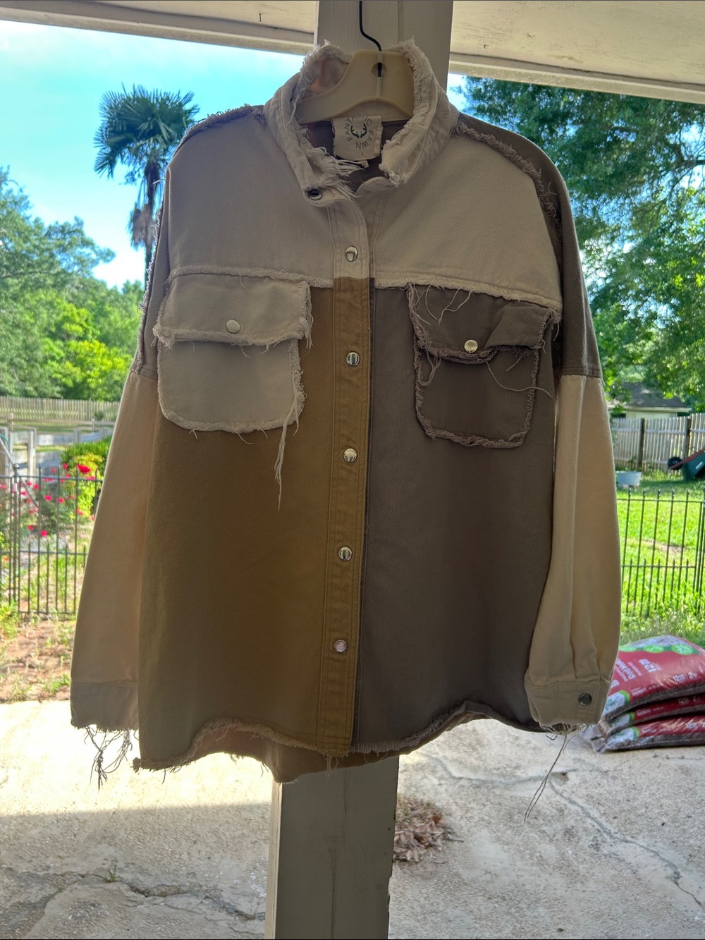 Fantastic Fawn Colorblock Utility Shacket in Cream, Brown & Gray
